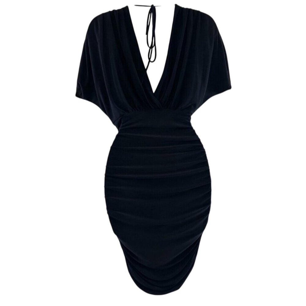 Sabora Black Ruched Belted V-Neck Dress Size M - Picture 3 of 10